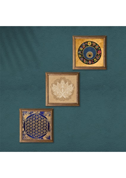 Lotus Çiçeği, Yaşam Çiçeği, Nazar Taş Duvar Tablosu Ahşap Çerçeveli Duvar Dekoru 3 Parça Tablo Seti Wall Art W3-368 modelleri