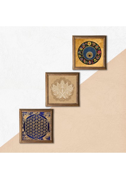 Lotus Çiçeği, Yaşam Çiçeği, Nazar Taş Duvar Tablosu Ahşap Çerçeveli Duvar Dekoru 3 Parça Tablo Seti Wall Art W3-368 indirimleri