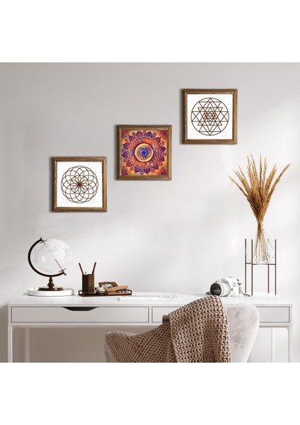 Mandala, Yaşam Çiçeği, Sri Yantra Ahşap Çerçeveli Taş Duvar Tablosu 3’lü Set – 25x25 cm Dekoratif Modern Sanat – Ev ve Ofis Dekoru |W3-394|