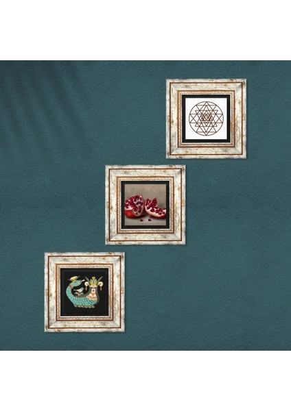 Sri Yantra, Şahmeran, Nar Çerçeveli Taş Duvar Tablosu 3’lü Set - Dekoratif Modern Sanat, Ev ve Ofis Dekoru |TK3-994| fırsatları