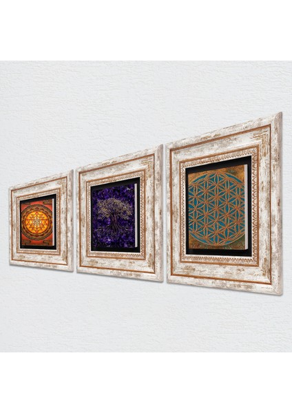 Yaşam Çiçeği, Hayat Ağacı, Sri Yantra Taş Duvar Tablosu Çerçeveli Duvar Dekoru 3 Parça Tablo Seti Wall Art T3-1819