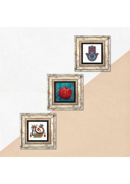 Stone Fatma Ana Eli (Hamsa), Şahmeran, Nar Çerçeveli Taş Duvar Tablosu 3’lü Set - Dekoratif Modern Sanat, Ev ve Ofis Dekoru |TK3-182| indirimleri