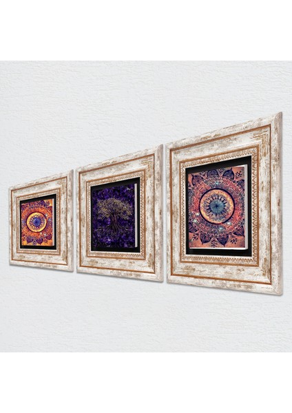 Mandala, Hayat Ağacı Taş Duvar Tablosu Çerçeveli Duvar Dekoru 3 Parça Tablo Seti Wall Art T3-1825