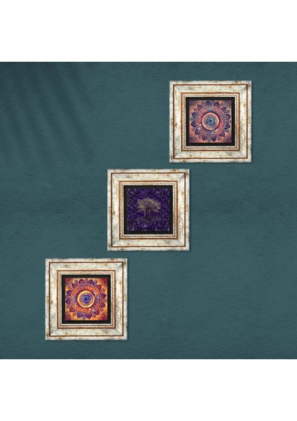 Mandala, Hayat Ağacı Taş Duvar Tablosu Çerçeveli Duvar Dekoru 3 Parça Tablo Seti Wall Art T3-1825