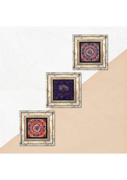 Mandala, Hayat Ağacı Taş Duvar Tablosu Çerçeveli Duvar Dekoru 3 Parça Tablo Seti Wall Art T3-1825