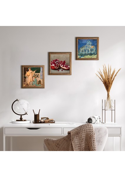 Van Gogh Auvers'deki Kilise, İki Müzisyen Kız Tablosu, Nar Taş Duvar Tablosu Ahşap Çerçeveli Duvar Dekoru 3 Parça Tablo Seti Wall Art W3-1513