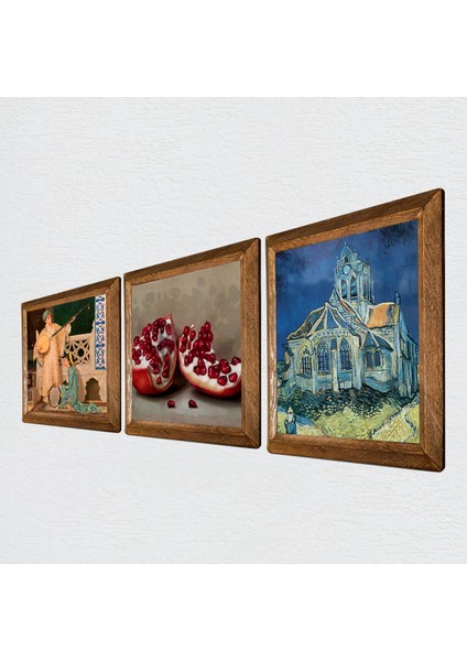 Van Gogh Auvers'deki Kilise, İki Müzisyen Kız Tablosu, Nar Taş Duvar Tablosu Ahşap Çerçeveli Duvar Dekoru 3 Parça Tablo Seti Wall Art W3-1513