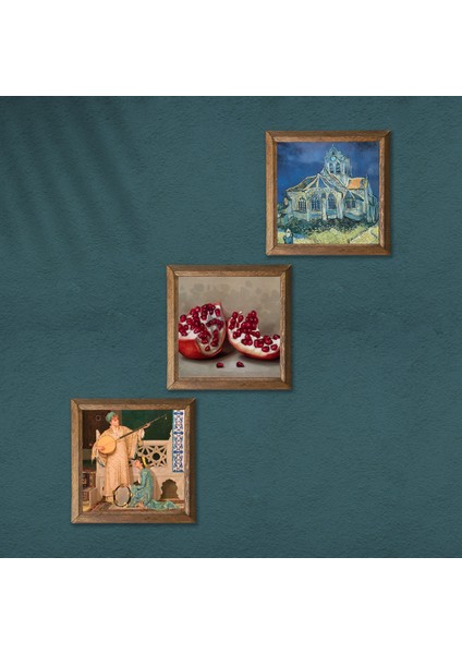 Van Gogh Auvers'deki Kilise, İki Müzisyen Kız Tablosu, Nar Taş Duvar Tablosu Ahşap Çerçeveli Duvar Dekoru 3 Parça Tablo Seti Wall Art W3-1513