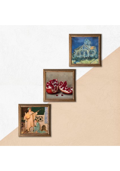 Van Gogh Auvers'deki Kilise, İki Müzisyen Kız Tablosu, Nar Taş Duvar Tablosu Ahşap Çerçeveli Duvar Dekoru 3 Parça Tablo Seti Wall Art W3-1513