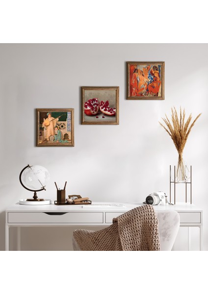 Picasso Avignonlu Kızlar, İki Müzisyen Kız Tablosu, Nar Taş Duvar Tablosu Ahşap Çerçeveli Duvar Dekoru 3 Parça Tablo Seti Wall Art W3-1516