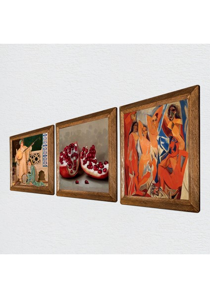 Picasso Avignonlu Kızlar, İki Müzisyen Kız Tablosu, Nar Taş Duvar Tablosu Ahşap Çerçeveli Duvar Dekoru 3 Parça Tablo Seti Wall Art W3-1516
