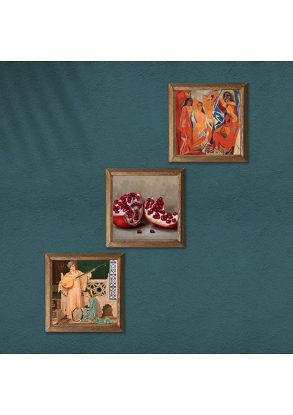 Picasso Avignonlu Kızlar, İki Müzisyen Kız Tablosu, Nar Taş Duvar Tablosu Ahşap Çerçeveli Duvar Dekoru 3 Parça Tablo Seti Wall Art W3-1516
