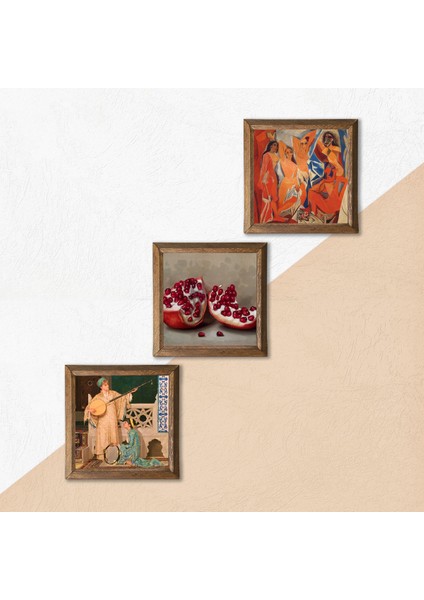 Picasso Avignonlu Kızlar, İki Müzisyen Kız Tablosu, Nar Taş Duvar Tablosu Ahşap Çerçeveli Duvar Dekoru 3 Parça Tablo Seti Wall Art W3-1516