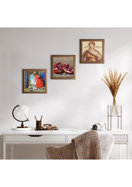 Soteria Mozaiği, Kaplumbağa Terbiyecisi, Nar Taş Duvar Tablosu Ahşap Çerçeveli Duvar Dekoru 3 Parça Tablo Seti Wall Art W3-1533