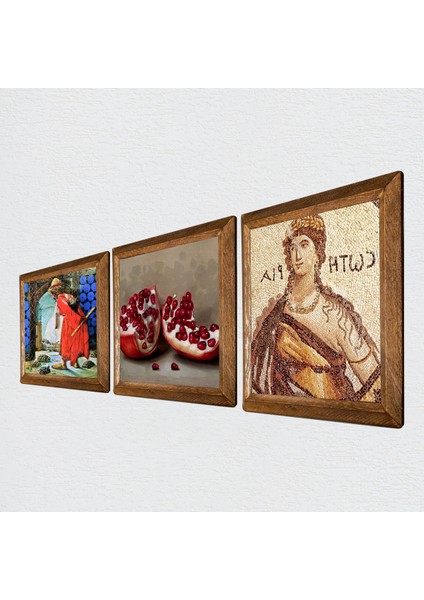 Soteria Mozaiği, Kaplumbağa Terbiyecisi, Nar Taş Duvar Tablosu Ahşap Çerçeveli Duvar Dekoru 3 Parça Tablo Seti Wall Art W3-1533 fiyatları