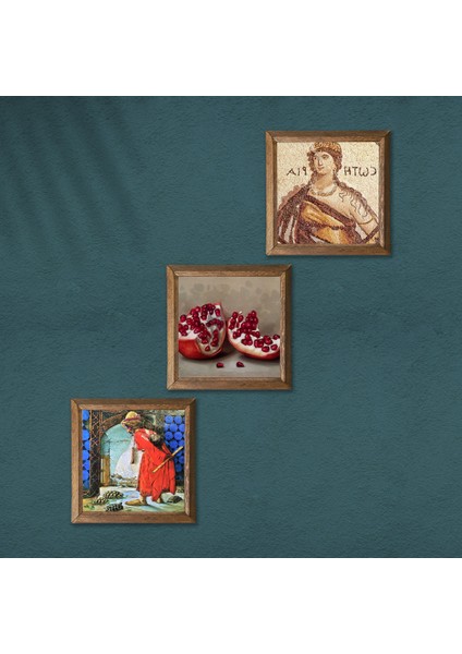 Soteria Mozaiği, Kaplumbağa Terbiyecisi, Nar Taş Duvar Tablosu Ahşap Çerçeveli Duvar Dekoru 3 Parça Tablo Seti Wall Art W3-1533 modelleri