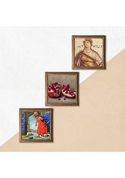 Soteria Mozaiği, Kaplumbağa Terbiyecisi, Nar Taş Duvar Tablosu Ahşap Çerçeveli Duvar Dekoru 3 Parça Tablo Seti Wall Art W3-1533 indirimleri