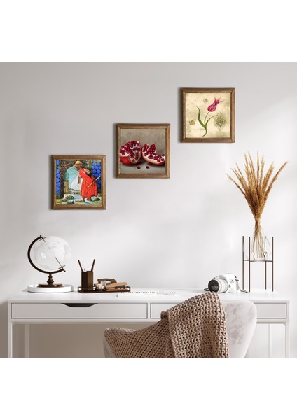 Lale Ebru Sanatı, Kaplumbağa Terbiyecisi, Nar Taş Duvar Tablosu Ahşap Çerçeveli Duvar Dekoru 3 Parça Tablo Seti Wall Art W3-1539
