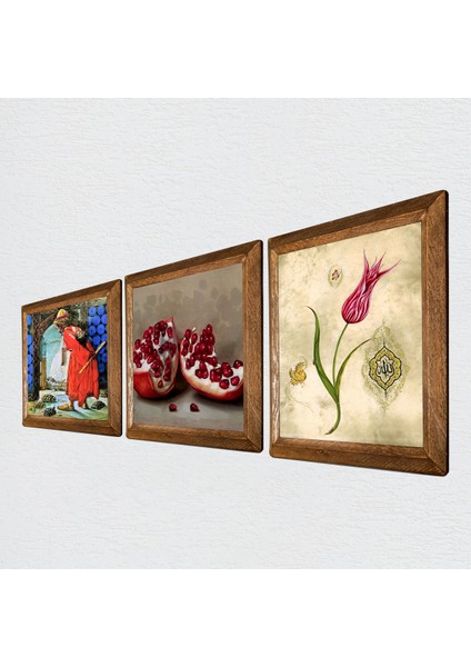 Lale Ebru Sanatı, Kaplumbağa Terbiyecisi, Nar Taş Duvar Tablosu Ahşap Çerçeveli Duvar Dekoru 3 Parça Tablo Seti Wall Art W3-1539