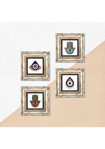 Stone Nazar, Fatma Ana Eli (Hamsa) Çerçeveli Taş Duvar Tablosu 4’lü Set - Dekoratif Modern Sanat, Ev ve Ofis Dekoru |TK4-1467| indirimleri