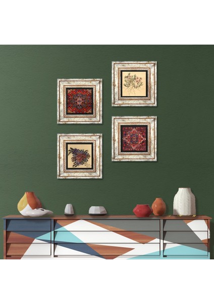 Stone Desen, Vintage Çiçek Çerçeveli Taş Duvar Tablosu 4’lü Set - Dekoratif Modern Sanat, Ev ve Ofis Dekoru |TK4-1481|