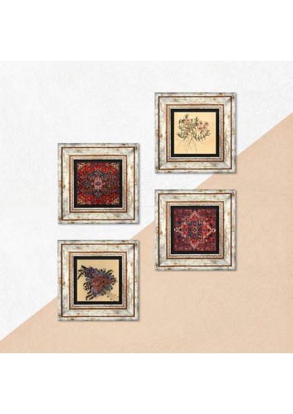 Stone Desen, Vintage Çiçek Çerçeveli Taş Duvar Tablosu 4’lü Set - Dekoratif Modern Sanat, Ev ve Ofis Dekoru |TK4-1481| indirimleri
