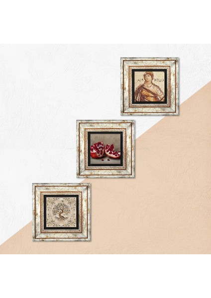 Soteria Mozaiği, Hayat Ağacı, Nar Çerçeveli Taş Duvar Tablosu 3’lü Set - Dekoratif Modern Sanat, Ev ve Ofis Dekoru |TK3-908| indirimleri