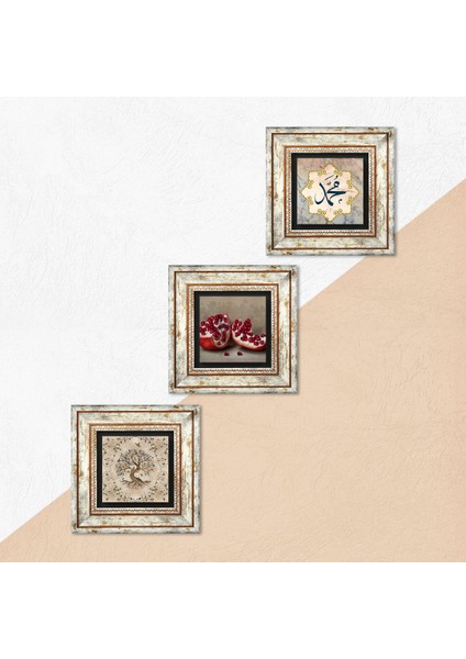Stone Hz. Muhammed Lafzı, Hayat Ağacı, Nar Çerçeveli Taş Duvar Tablosu 3’lü Set - Dekoratif Modern Sanat, Ev ve Ofis Dekoru |TK3-917| indirimleri