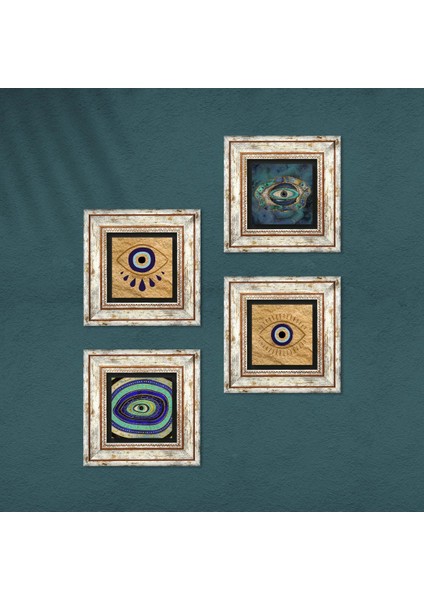 Nazar Çerçeveli Taş Duvar Tablosu 4’lü Set - Dekoratif Modern Sanat, Ev ve Ofis Dekoru |TK4-1486| fırsatları