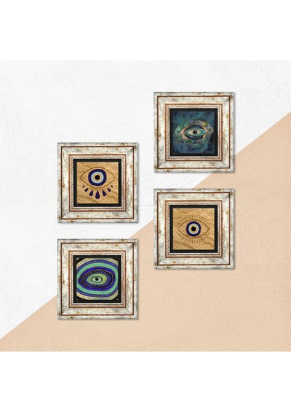 Nazar Çerçeveli Taş Duvar Tablosu 4’lü Set - Dekoratif Modern Sanat, Ev ve Ofis Dekoru |TK4-1486| indirimleri