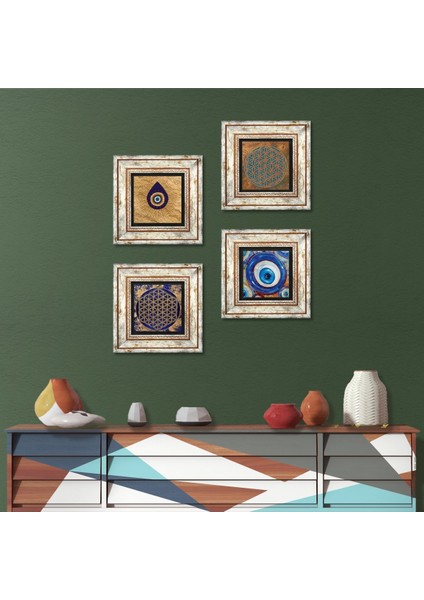 Nazar, Yaşam Çiçeği Çerçeveli Taş Duvar Tablosu 4’lü Set - Dekoratif Modern Sanat, Ev ve Ofis Dekoru |TK4-1604|