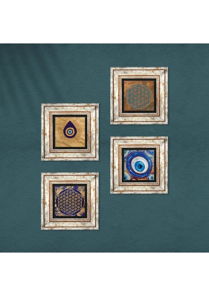 Nazar, Yaşam Çiçeği Çerçeveli Taş Duvar Tablosu 4’lü Set - Dekoratif Modern Sanat, Ev ve Ofis Dekoru |TK4-1604| fırsatları