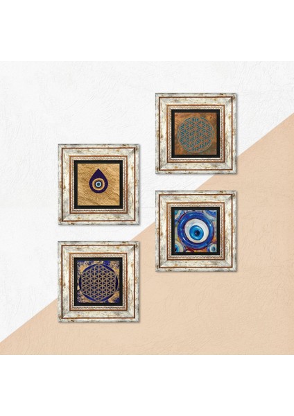 Nazar, Yaşam Çiçeği Çerçeveli Taş Duvar Tablosu 4’lü Set - Dekoratif Modern Sanat, Ev ve Ofis Dekoru |TK4-1604| indirimleri