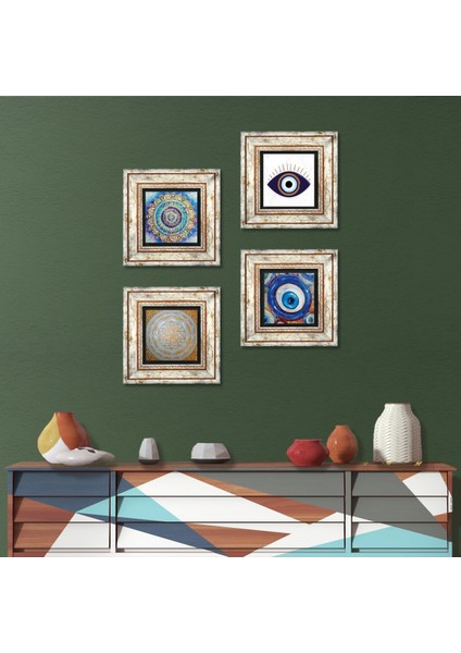Nazar, Mandala, Sri Yantra Taş Duvar Tablosu Çerçeveli Duvar Dekoru 4 Parça Tablo Seti Wall Art T4-1620