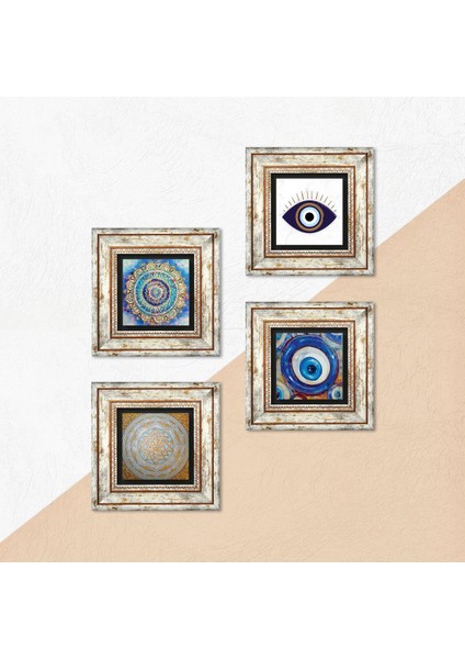 Nazar, Mandala, Sri Yantra Taş Duvar Tablosu Çerçeveli Duvar Dekoru 4 Parça Tablo Seti Wall Art T4-1620