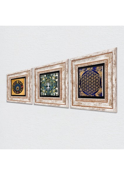 Hayat Ağacı, Yaşam Çiçeği, Nazar Boncuğu Çerçeveli Taş Duvar Tablosu 3’lü Set - Dekoratif Modern Sanat, Ev ve Ofis Dekoru |TK3-378| fiyatları