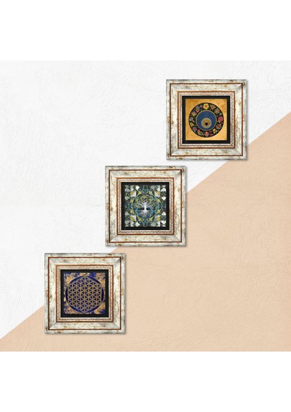Hayat Ağacı, Yaşam Çiçeği, Nazar Boncuğu Çerçeveli Taş Duvar Tablosu 3’lü Set - Dekoratif Modern Sanat, Ev ve Ofis Dekoru |TK3-378| indirimleri