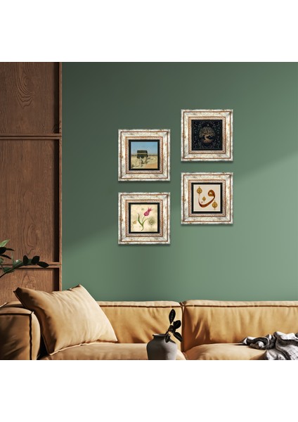 Hayat Ağacı, Lale, Kabe-i Muazzama, Vav Taş Duvar Tablosu Çerçeveli Duvar Dekoru 4 Parça Tablo Seti Wall Art T4-384