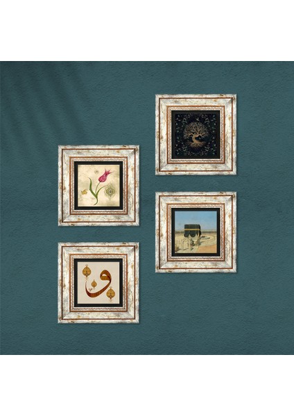 Hayat Ağacı, Lale, Kabe-i Muazzama, Vav Taş Duvar Tablosu Çerçeveli Duvar Dekoru 4 Parça Tablo Seti Wall Art T4-384 fırsatları