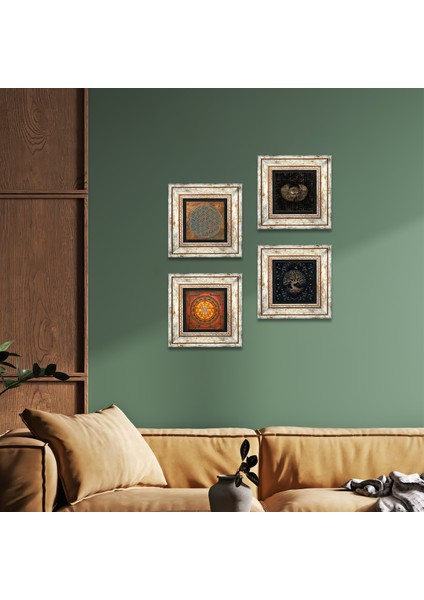 Yaşam Çiçeği, Horus'un Gözü, Sri Yantra, Hayat Ağacı Taş Duvar Tablosu Çerçeveli Duvar Dekoru 4 Parça Tablo Seti Wall Art T4-521