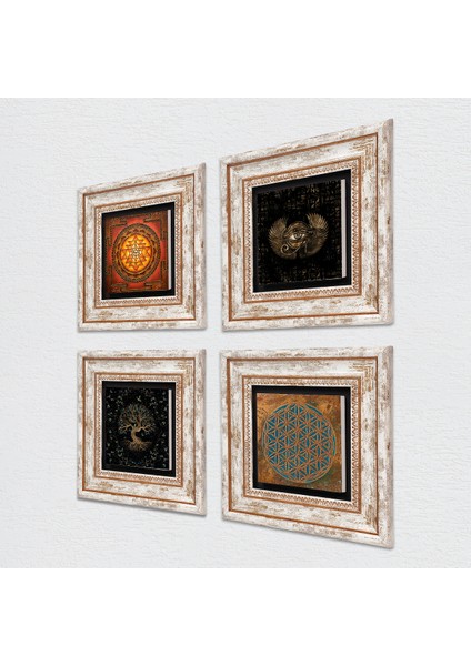 Yaşam Çiçeği, Horus'un Gözü, Sri Yantra, Hayat Ağacı Taş Duvar Tablosu Çerçeveli Duvar Dekoru 4 Parça Tablo Seti Wall Art T4-521