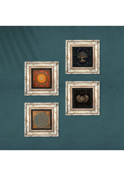 Yaşam Çiçeği, Horus'un Gözü, Sri Yantra, Hayat Ağacı Taş Duvar Tablosu Çerçeveli Duvar Dekoru 4 Parça Tablo Seti Wall Art T4-521