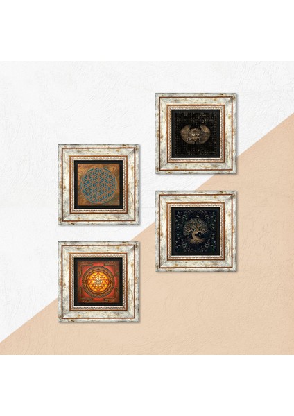 Yaşam Çiçeği, Horus'un Gözü, Sri Yantra, Hayat Ağacı Taş Duvar Tablosu Çerçeveli Duvar Dekoru 4 Parça Tablo Seti Wall Art T4-521