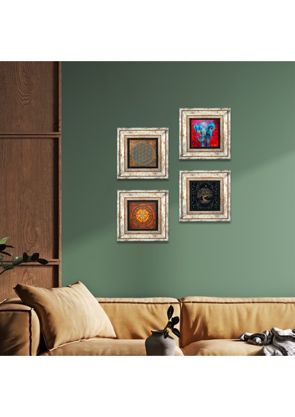 Yaşam Çiçeği, Fil, Sri Yantra, Hayat Ağacı Taş Duvar Tablosu Çerçeveli Duvar Dekoru 4 Parça Tablo Seti Wall Art T4-526