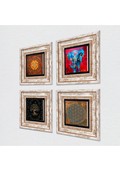 Yaşam Çiçeği, Fil, Sri Yantra, Hayat Ağacı Taş Duvar Tablosu Çerçeveli Duvar Dekoru 4 Parça Tablo Seti Wall Art T4-526 fiyatları