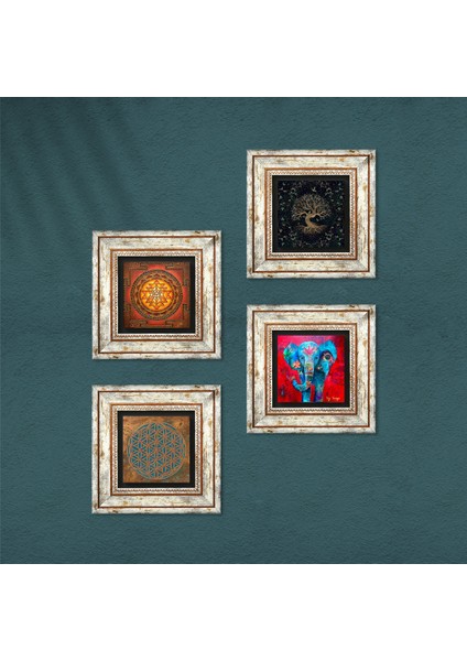 Yaşam Çiçeği, Fil, Sri Yantra, Hayat Ağacı Taş Duvar Tablosu Çerçeveli Duvar Dekoru 4 Parça Tablo Seti Wall Art T4-526 fırsatları
