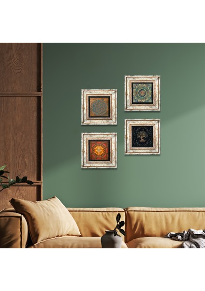 Yaşam Çiçeği, Mandala, Sri Yantra, Hayat Ağacı Taş Duvar Tablosu Çerçeveli Duvar Dekoru 4 Parça Tablo Seti Wall Art T4-529