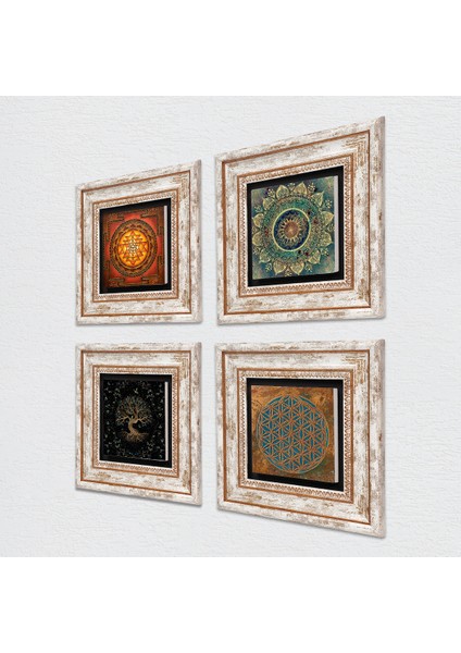 Yaşam Çiçeği, Mandala, Sri Yantra, Hayat Ağacı Taş Duvar Tablosu Çerçeveli Duvar Dekoru 4 Parça Tablo Seti Wall Art T4-529 fiyatları