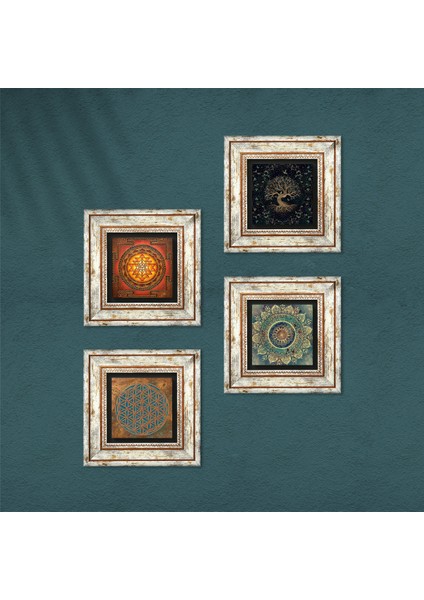 Yaşam Çiçeği, Mandala, Sri Yantra, Hayat Ağacı Taş Duvar Tablosu Çerçeveli Duvar Dekoru 4 Parça Tablo Seti Wall Art T4-529 fırsatları