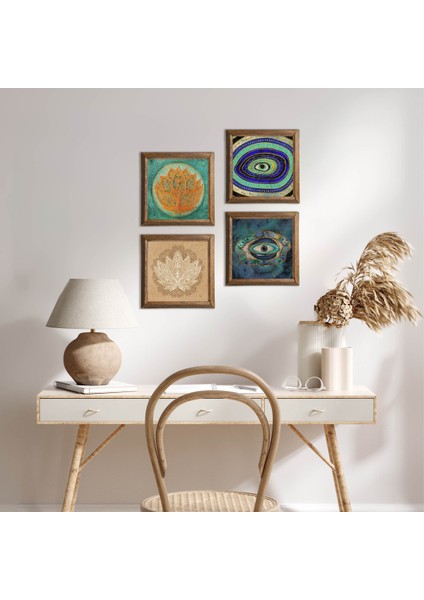 Stone Nazar, Lotus Çiçeği Ahşap Çerçeveli Taş Duvar Tablosu 4’lü Set – 25x25 cm Dekoratif Modern Sanat – Ev ve Ofis Dekoru |W4-670|